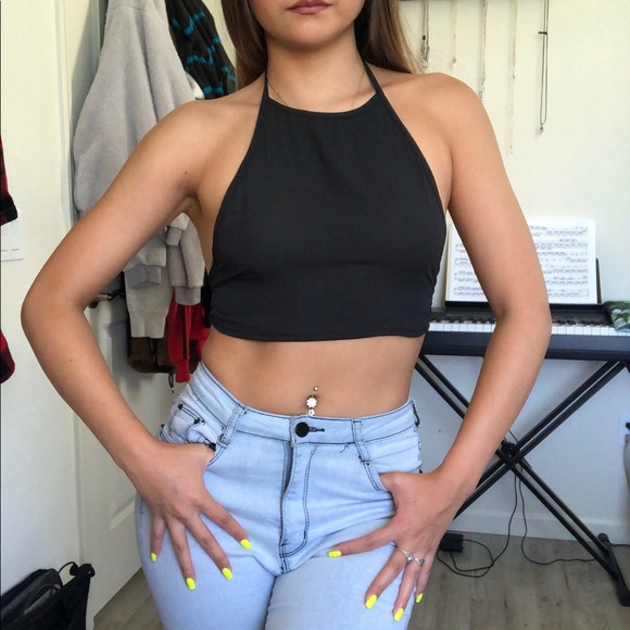 black backless halter top